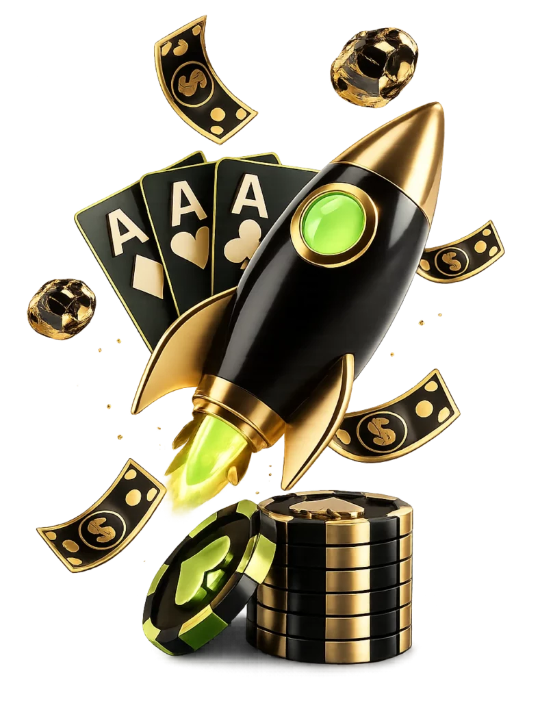 JB.COM rocket with playing cards, chips, and floating money symbolizing fast growth and casino rewards