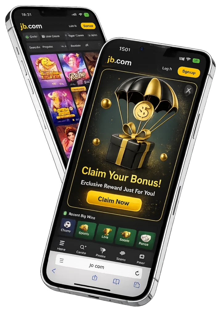 JB.COM mobile casino app with bonus gift, slot games, and promotional offer on smartphone screens