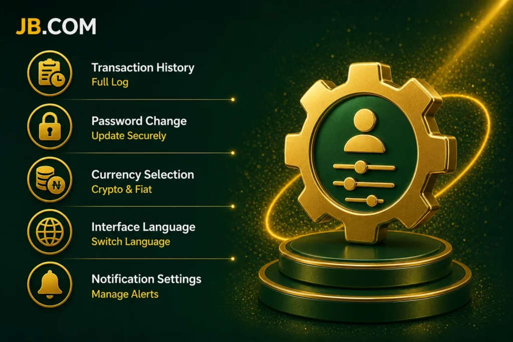 JB Casino account settings interface with transaction history, security, currency and notification options in green style