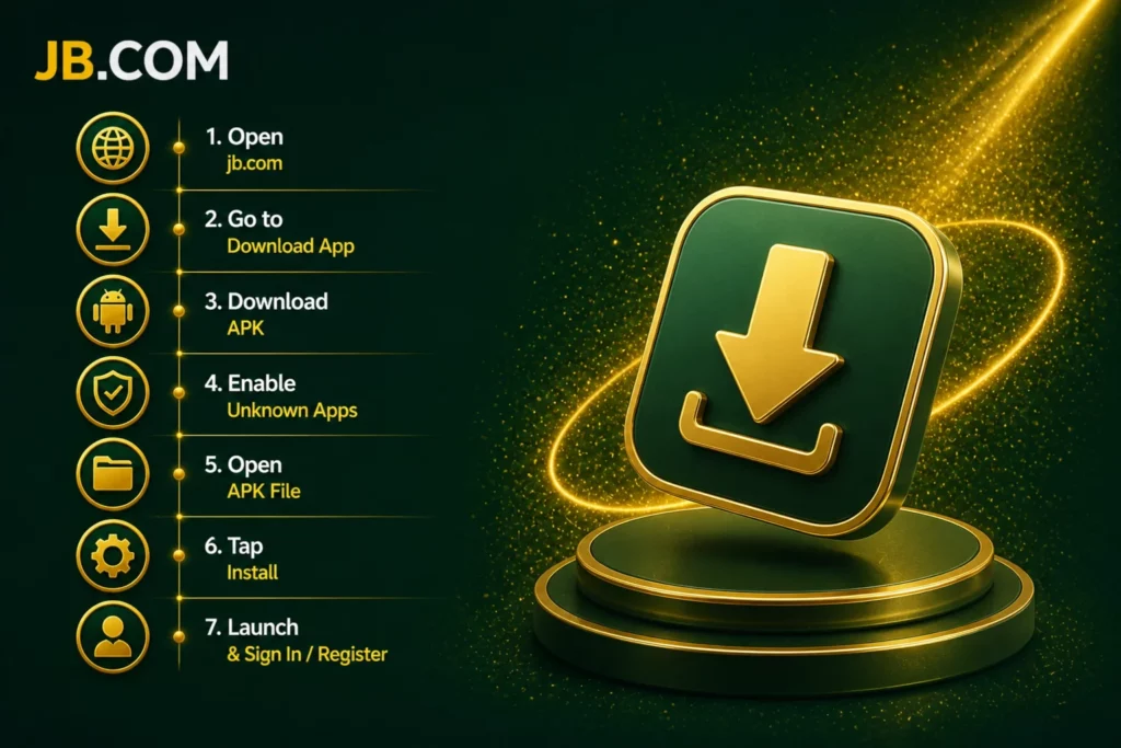JB Casino APK download steps with smartphone icon and secure install process in green gold style