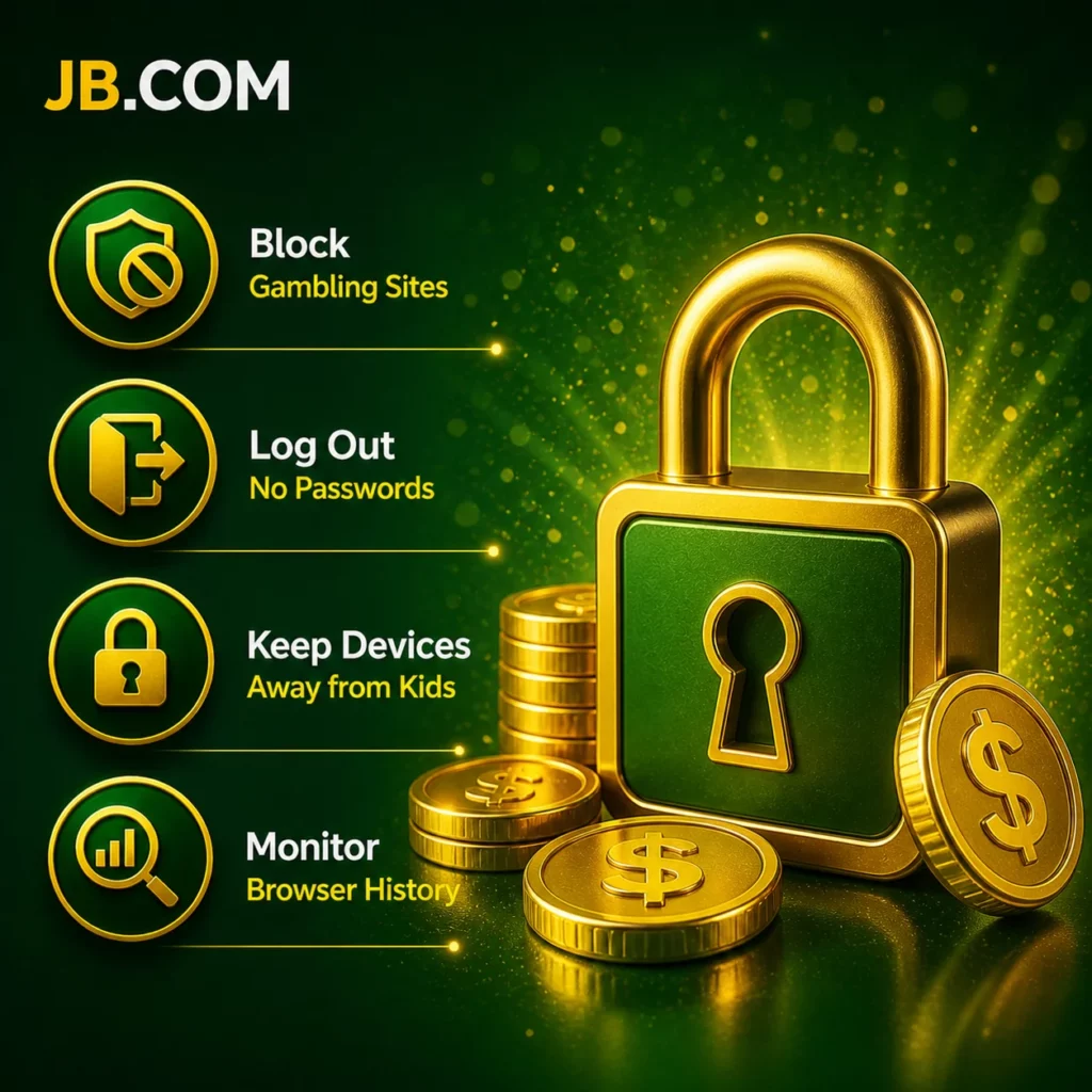 JB.COM security concept with lock and coins in green casino style
