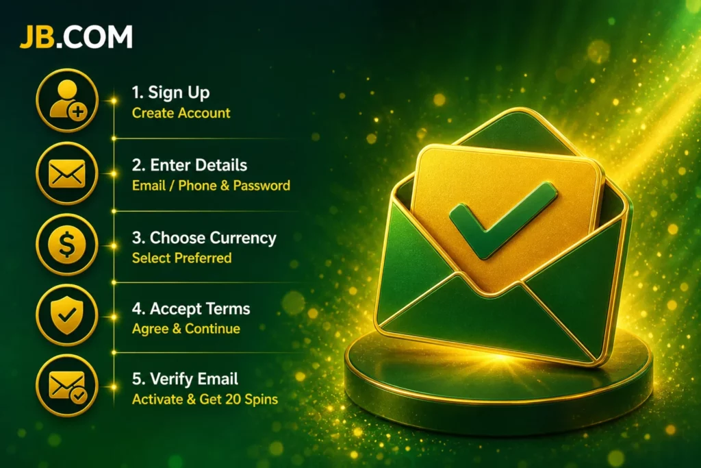 JB.COM registration steps with email verification, account setup and welcome spins in green casino style