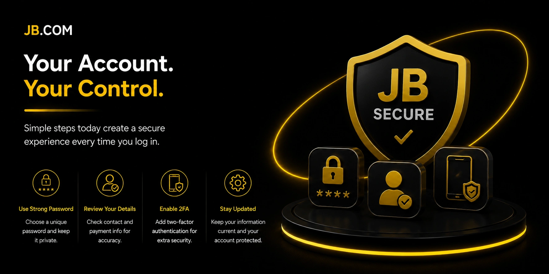JB.COM account security banner presenting four protective measures — strong password, detail review, two-factor authentication, and regular updates — beneath a branded secure shield