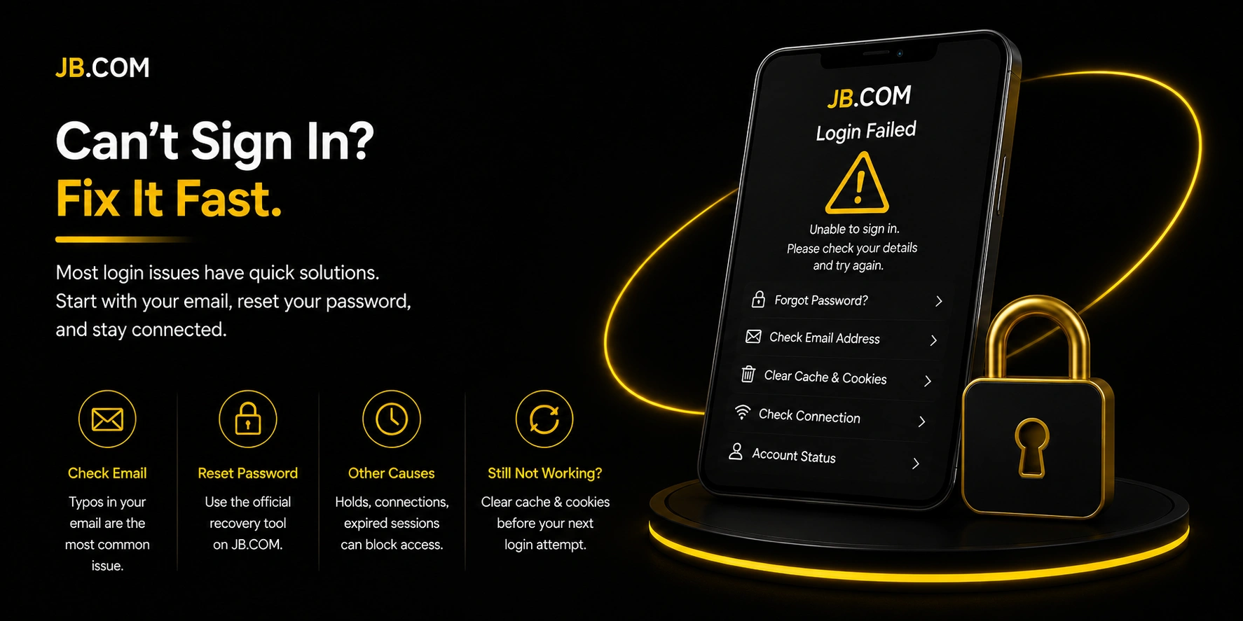 JB.COM troubleshooting guide for failed login attempts showing a mobile error screen with recovery options including password reset, email check, cache clearing, and connection verification