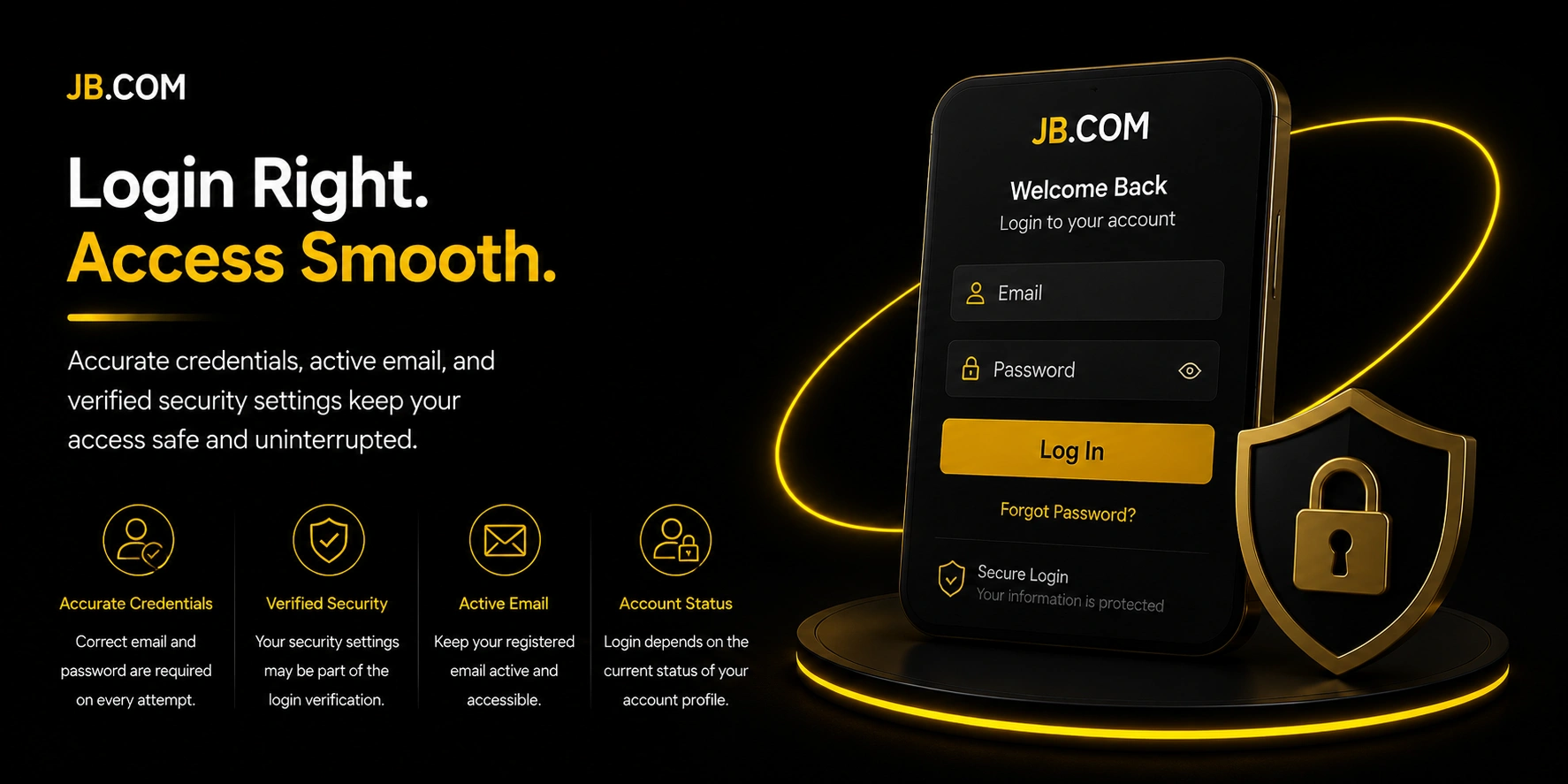 Instructional visual from JB.COM detailing secure login practices — accurate credentials, verified security settings, active email, and account status — with a smartphone showing the sign-in interface