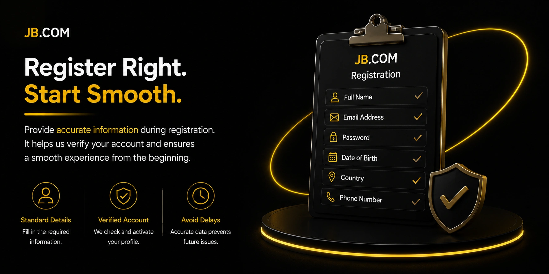 Clipboard-style registration checklist on JB.COM showing completed fields — name, email, password, date of birth, country, and phone — next to a verified shield emblem